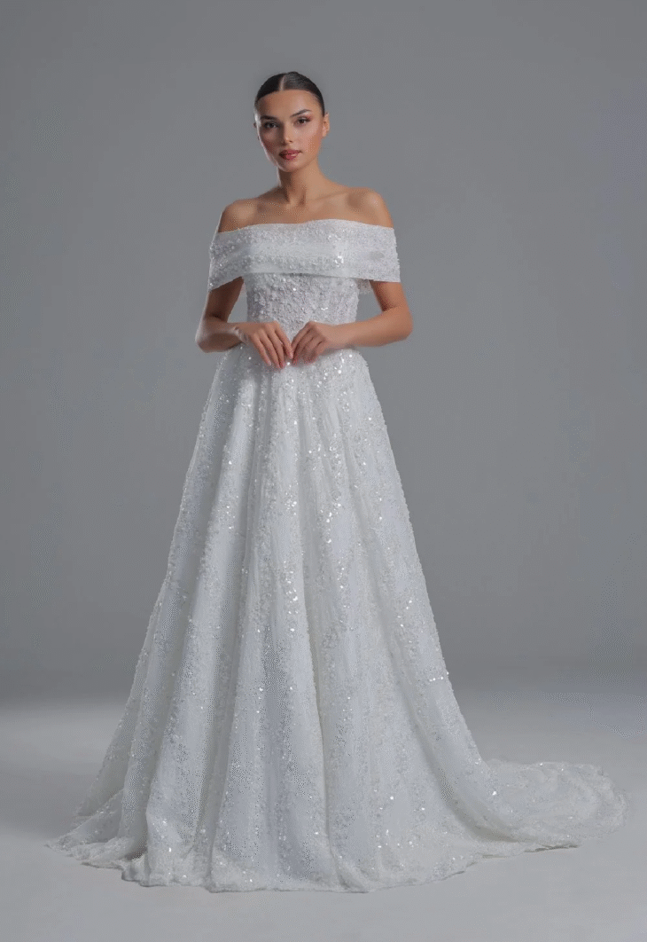 Diana Straplez Takmalı Yaka Full İşlemeli Helen Model Gelinlik
