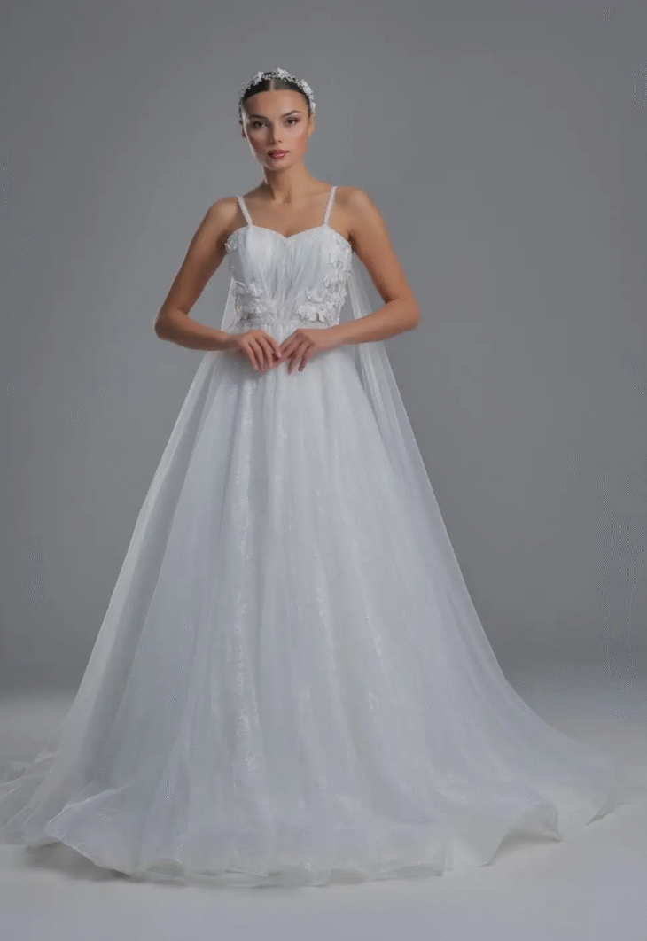 Sunny Straplez İp Askılı Drapeli İşlemeli Pelerinli Helen Model Gelinlik