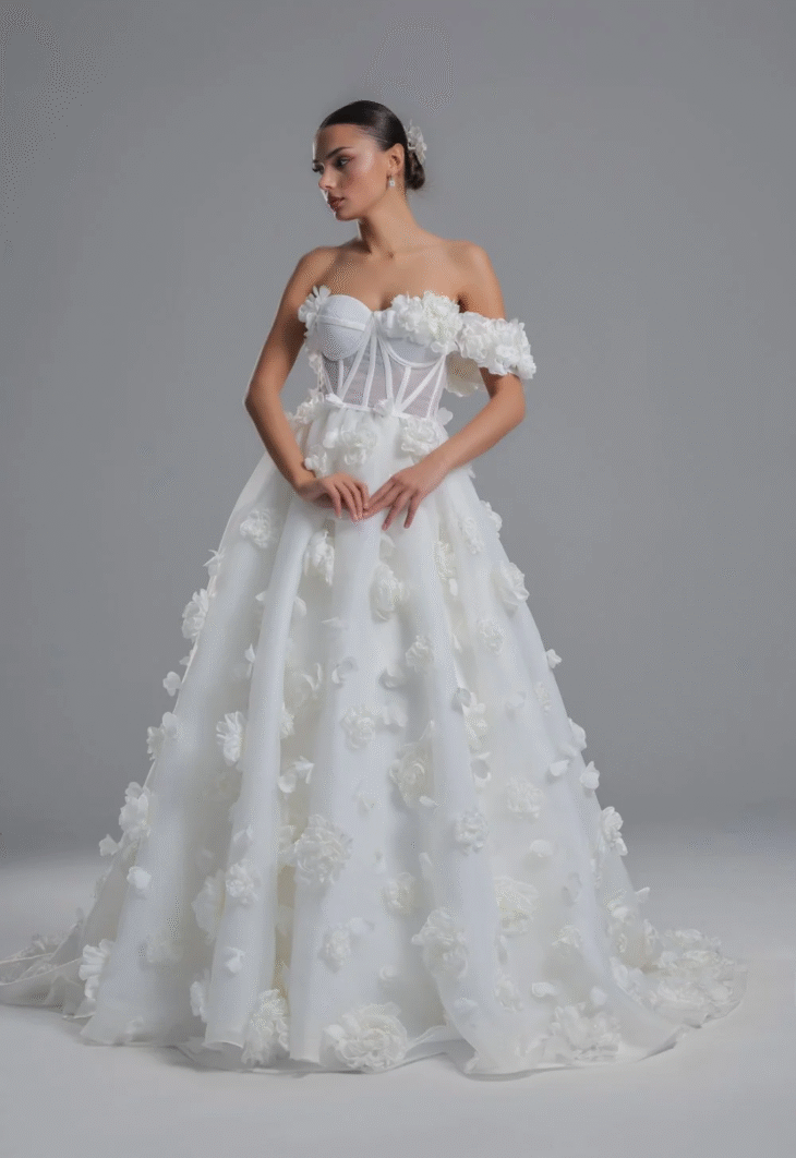 Bloom Straplez Transparan Tek Kollu Eteği Full Papatyalı Helen Model Gelinlik