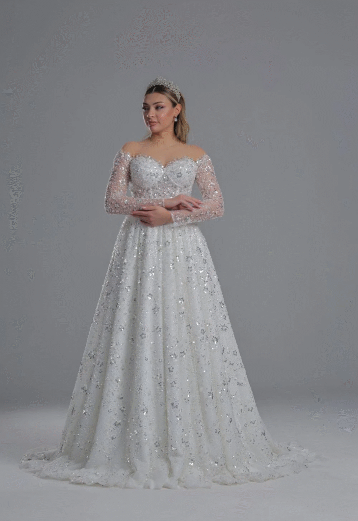 Lenora Düşük Kollu Full İşlemeli A Kesim Model Gelinlik