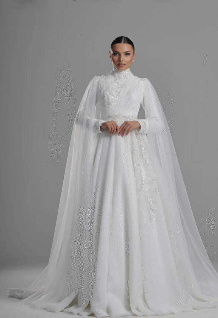 Finn Göğüs ve Bel Drapeli Omuzdan Pelerinli Helen Tesettür Model Gelinlik