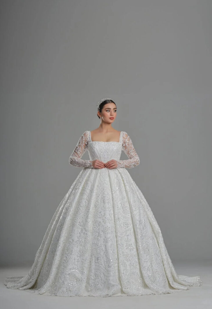 Ophelia Kare Yaka Full İşlemeli Prenses Model Gelinlik